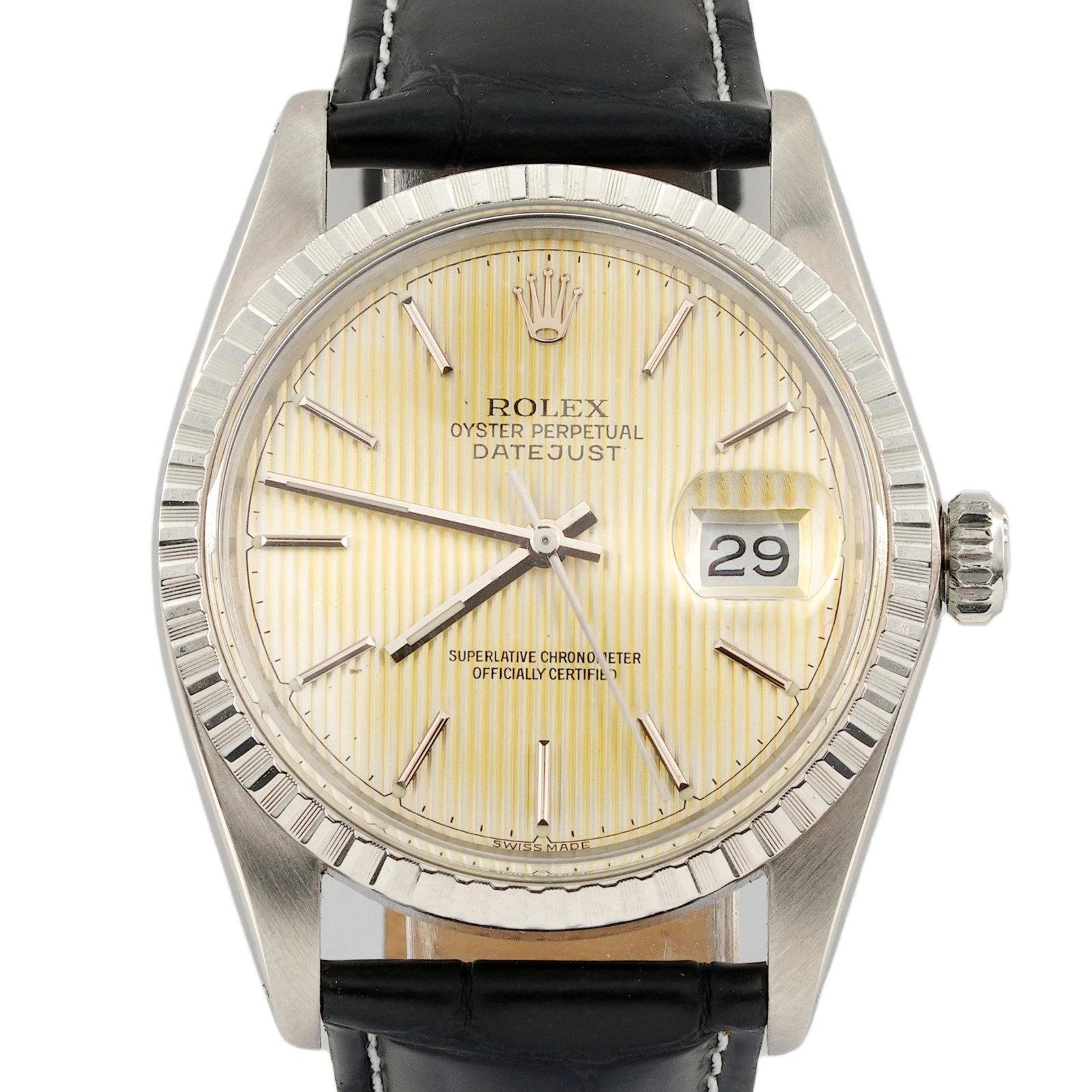 Rolex — Mens Rolex Stainless Steel Datejust 16030 Watch with Silver Patina Tapestry Dial