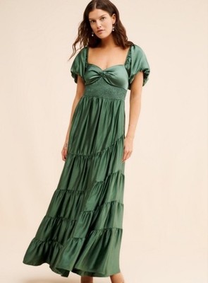 Free People Premium Sundrenched Silky Satin Maxi Tiered Dress Green Sage  Large | eBay