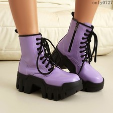 Women's Platform Mid Block Heels Lace Up Knight Ankle Boots Shiny Zipper Shoes