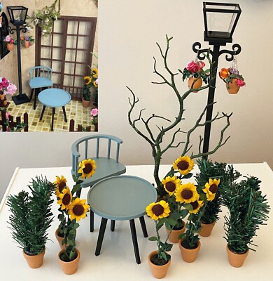 1:6 Miniatur Handarbeit Puppe Gartenstuhl Tisch Sonnenblume Pflanze Topf Baumlicht