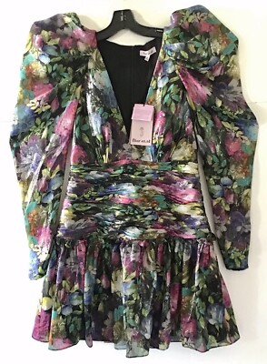 FLOR ET.AL Abigail Puff Sleeve Floral Mini Dress Multi Color Silki Sz 8 NWT