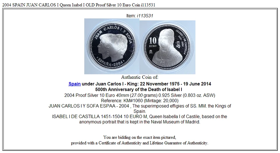 2004 SPAIN JUAN CARLOS I Queen Isabel I OLD Proof Silver 10 Euro Coin i113531 - Image 3 of 3