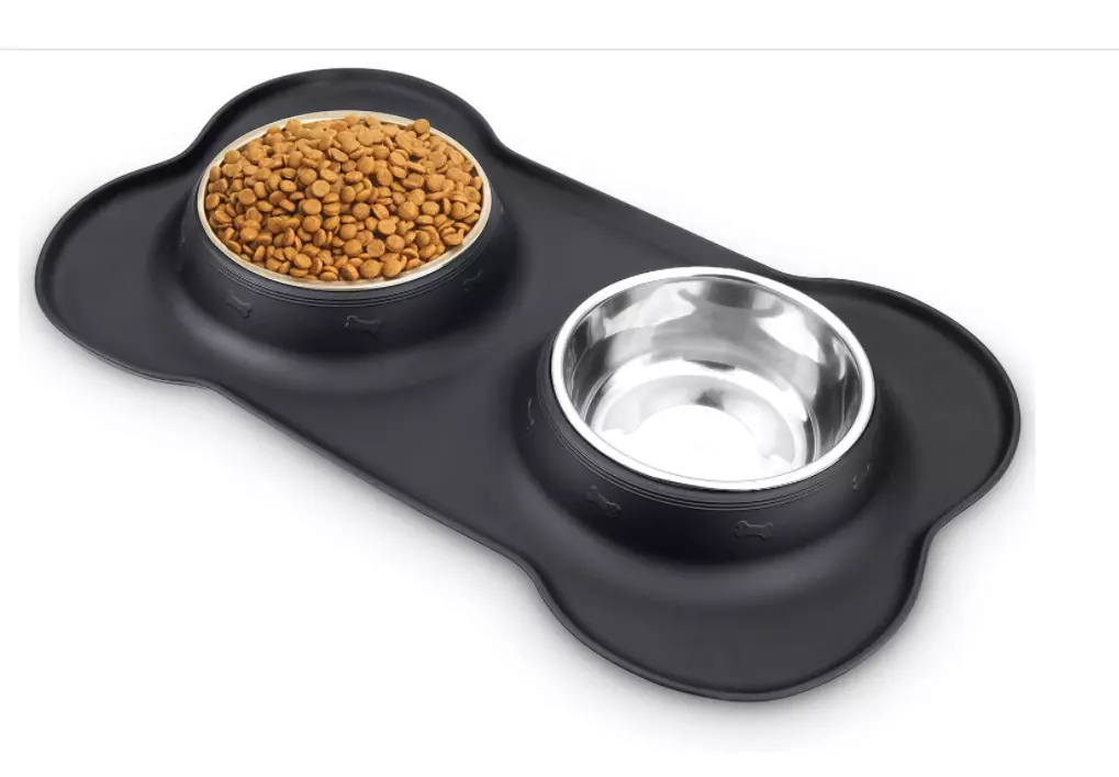 Paw-shaped Silicone Mat + Stainless Steel Pet Bowls For Dogs & Cats