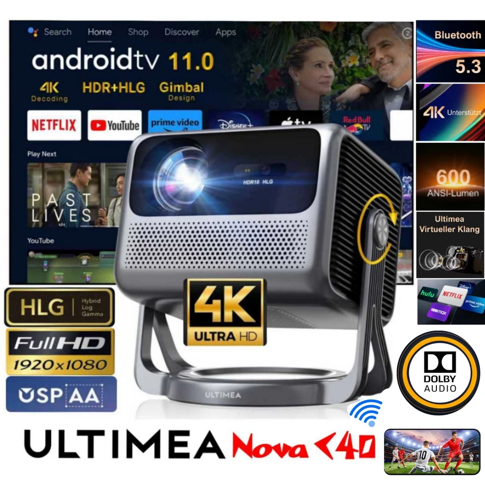 Nova-C40 Beamer Android TV 11.0, Tragbarer Projektor mit 90° Gimbal, 4K Heimkino - Bild 2 von 4