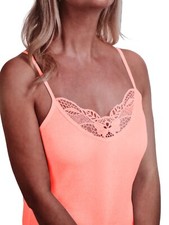 Ladies Plain Cotton Vest Top Lace Trim Neck Design Cami Tank Strappy Camisole