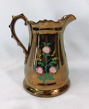 ANTIQUE STAFFORDSHIRE COPPER LUSTER HAND-PAINTED PINK FLOWERS 7.25"H PITCHER