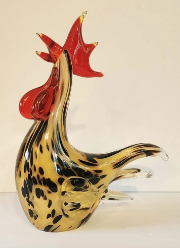 Vintage Murano-Style Blown Glass 9" Rooster Chicken Art Decor Figurine
