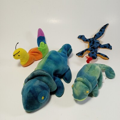Ty Beanie Baby Lot Of 4 - Mini Lizz, Mini Inch, Mini Iggy Iguana, Rainbow 6''