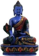 Medicine Buddha. Handmade 5.5 Inches Tall Multicolor Blue Hand Painted Buddha