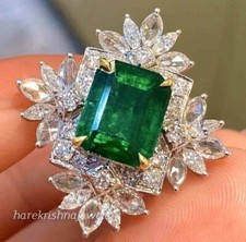 Real Green Emerald 3.35CT Emerald Cut Wedding Cluster Ring 14K 2-Tone Gold Over