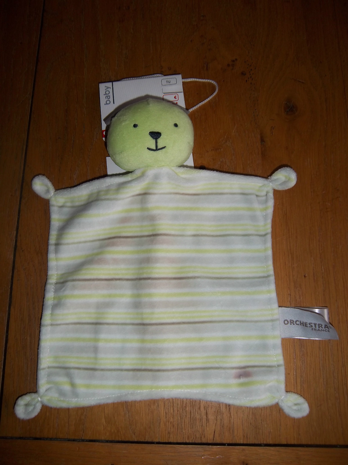 Doudou plat ours vert et gris premier âge pour nourrisson