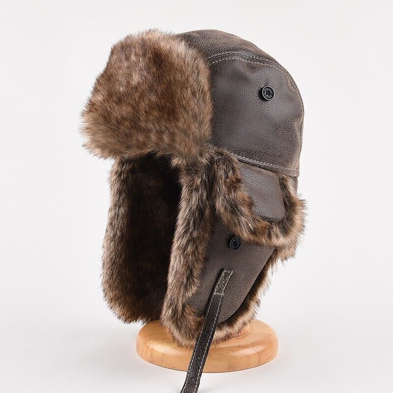 Men RussianFaux Leather Fur Hat Aviator Trapper Hat Winter Ski