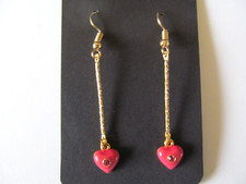 NEW JOAN RIVERS PINK ENAMEL-RED CRYSTAL w/GOLD STEM LUCKY HEART PIERCED EARRINGS