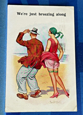 Saucy Milton Donald McGill Comic Postkarte 1928 Seidenstrümpfe Strumpfband Nr. 1481