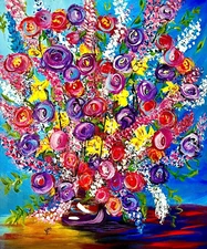 Colorful Flowers In Vase Aceo Artist Trading Card (2.5" x 3.5") Signed by Artist