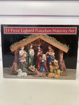 Lighted Nativity Set 11 Piece Hand Painted Porcelain & Wooden Structure
