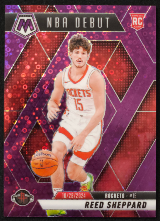 Reed Sheppard 2024-25 Panini Mosaic 18/50 Purple Disco NBA Debut RC #252