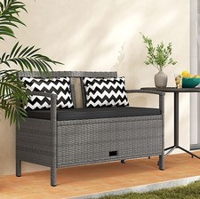 Image of Rattan Garden Bench Storage Chest 2 Seater Cushions Pillows Outdoor Seat Grey