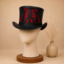 Gothic Skeleton Top Hat Black Leather Ribcage Steampunk Halloween Costume Hat