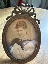 Antique Victorian Brass Oval Frame Miniature Oil Portrait Lady c1890. Antique