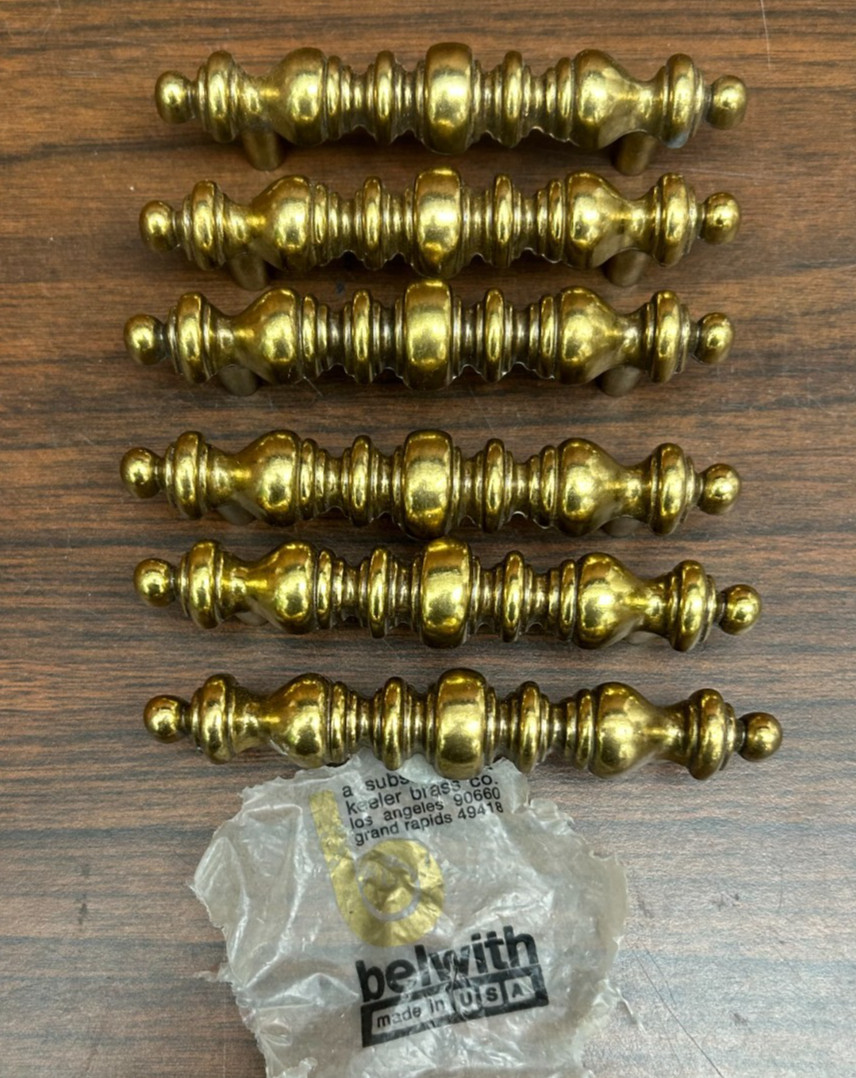 6 BELWITH KEELER USA Brass Cabinet Pulls Fancy Gold Metal Drawer Hardware 3