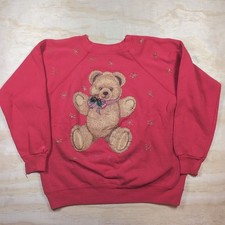 Vintage Hanes USA Sweatshirt Christmas Teddy Bear  Glitter Red Women's Size L