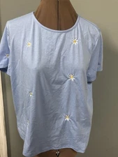 SHEIN Xl Baby Blue Flower Embroidered Short Sleeve Tee