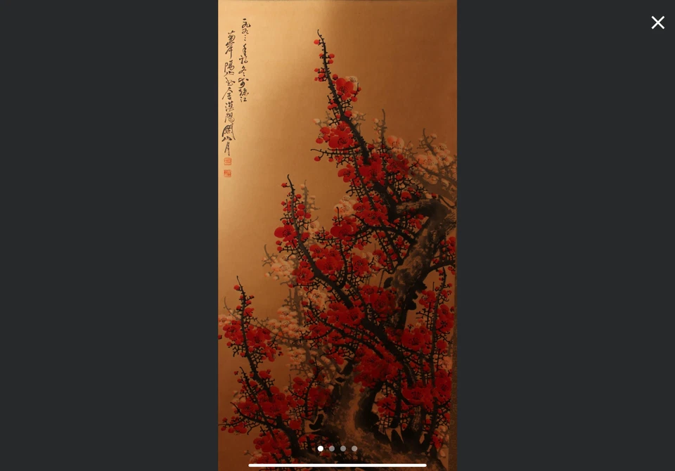 古老中国悬挂彩绘卷轴带花朵和书法 — 第 3/4 张图片