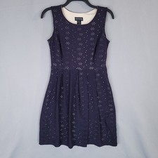 En Focus Studio Women's Shift Dress Eyelet Midi Lined Sleeveless Navy Size 6