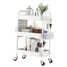  3-Tier Rolling Cart, Metal Utility Storage Cart with DIY Pegboards, Art White