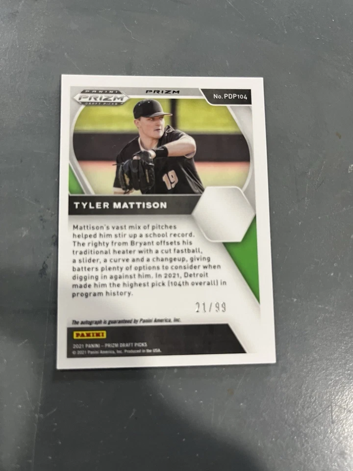 2021 Panini Prizm Draft Picks  Tyler Mattison #PDP104 Blue Prizm Autographs /99  - Image 2 of 2