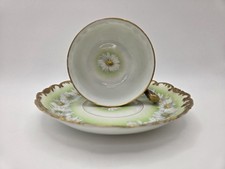 Antique Tressemanes & Vogt TV Limoges Teacup & Saucer Daisy Pattern Green + Gold