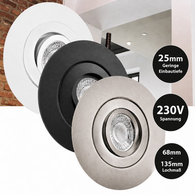 LED Einbaustrahler 230V flach 25mm Einbauleuchte für Lochausschnitt 68mm - 135mm