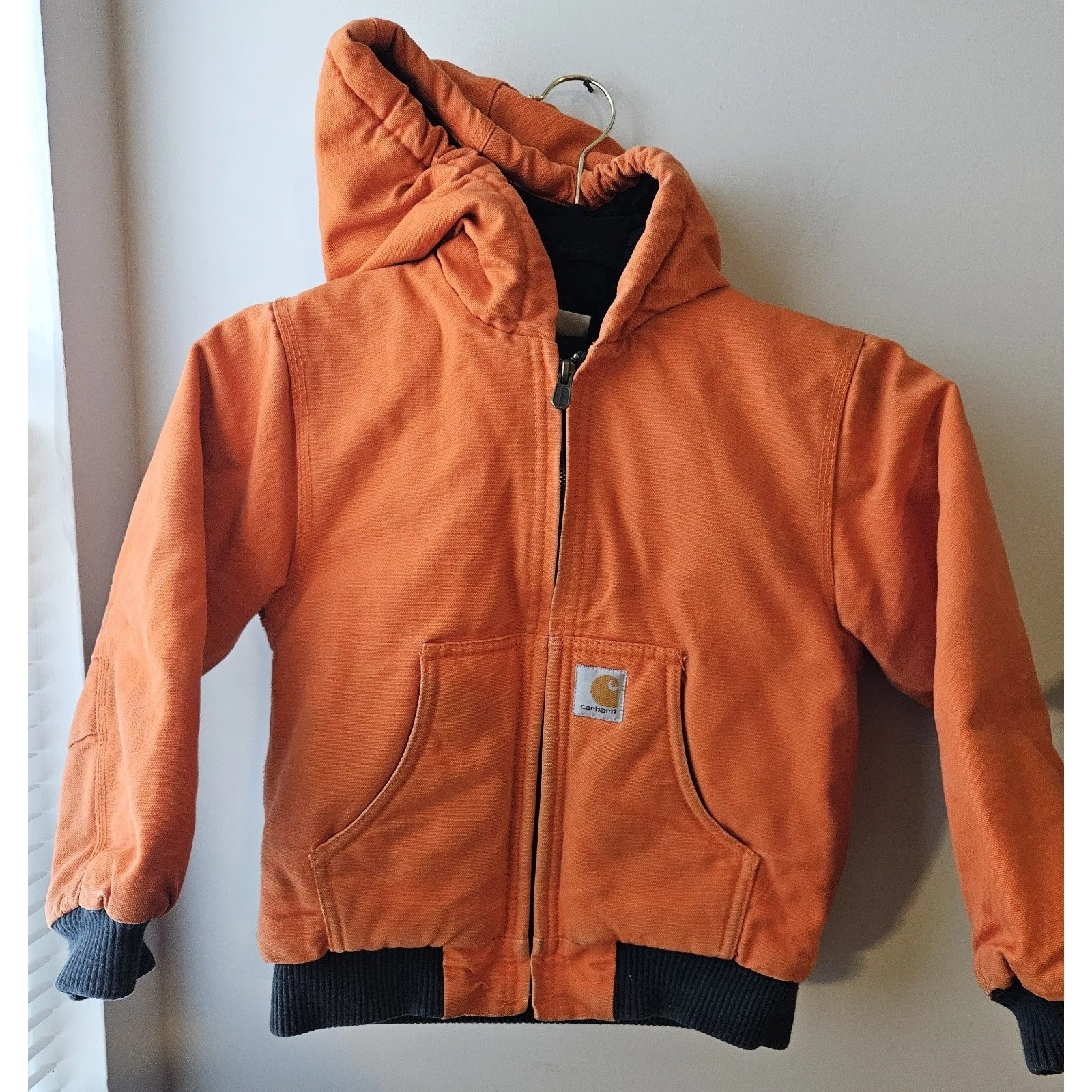 Carhartt Youth XS (6) Orange Duck Canvas Hooded Jacket Quilted Lined Full Zip