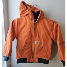Carhartt Youth XS 6 Orange Duck Canvas Hooded Jacket Quilted Lined Full Zip
