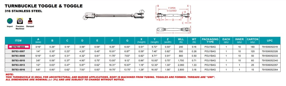 Tensor SS 316 Acero Inoxidable TOGGLE x TOGGLE 3/16" Pin Tamaño 400 libras Carga Foto 3 de 4