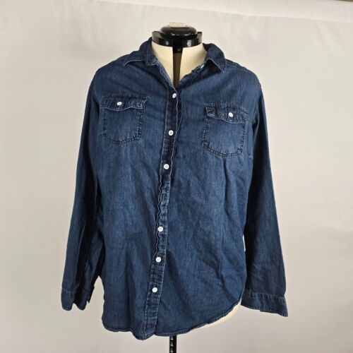 Torrid Blue Denim Shirt Button Up Long Sleeve Roll Tab Pockets Dark Blue Size 2X - Afbeelding 1 van 8