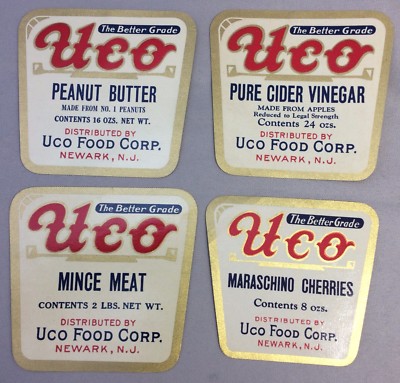 4 1935 UCO Food PEANUT BUTTER Mince Meat CIDER VINEGAR Cherry Advertising LABEL