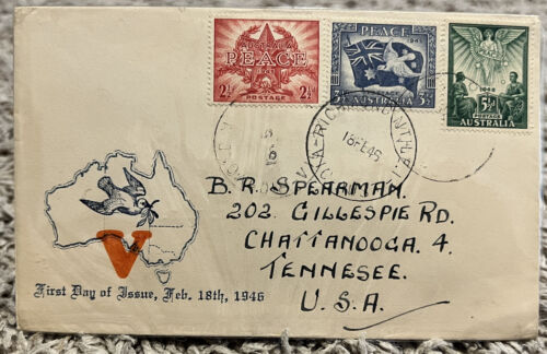 1946 AUSTRALIA FDC COVER CACHET PEACE AND VICTORY TO TENNESSEE - 第 1/4 張圖片