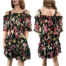 🆓US🛃Dolce&Gabbana floral printed cold-shoulder silk chiffon ruffle dress IT 38