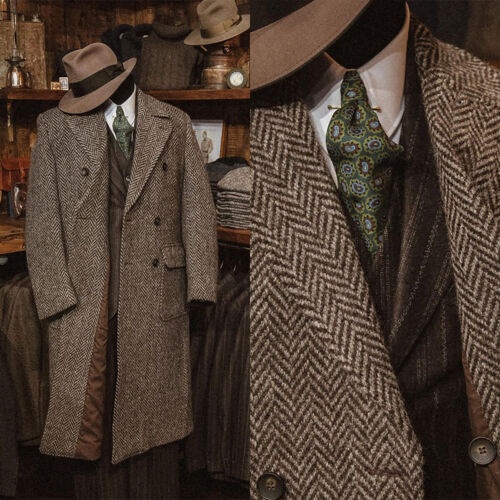 Business Men Suits Long Overcoat Herringbone Tweed Wool Blend Double Breasted - Picture 1 of 11