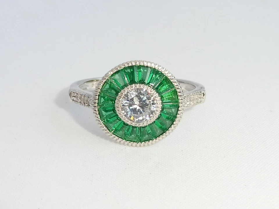 Signore stile Halo argento 925 con zaffiro e smeraldo anello - Immagine 4 di 4