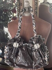 Fashion Brown, White, Black Shiny Leopard Pattern Satchel Handbag Goldtone