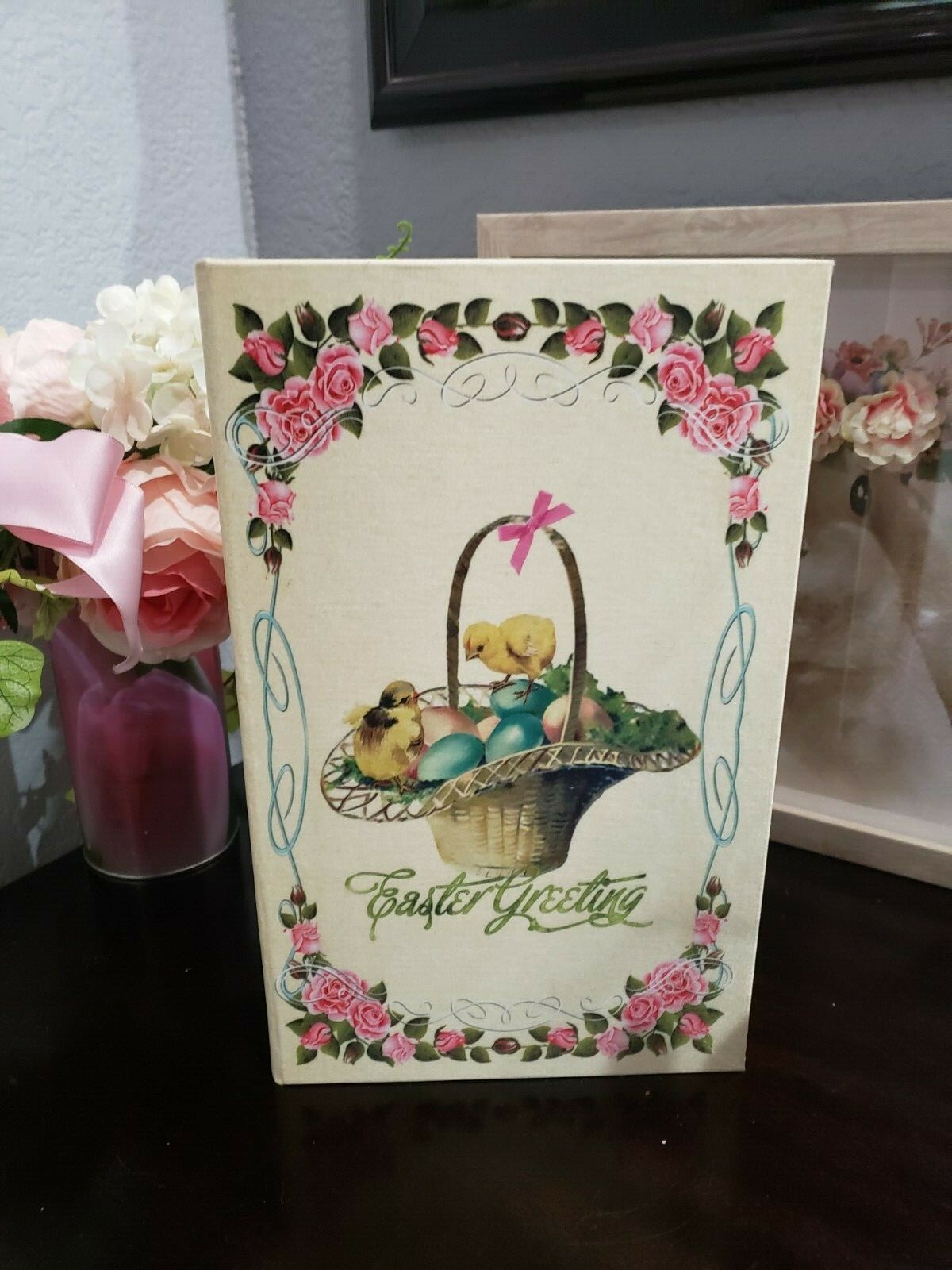 Designer Etno Style Easter Basket “Early morning“ wood, dry flowers and organic fabric / adult size small 33x22cm