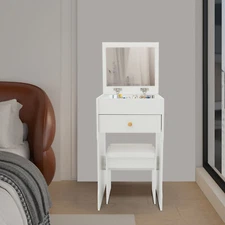 White Vanity Table w/ Mirror, Mini Makeup Vanity w/ Drawer&Stool, Dressing Table