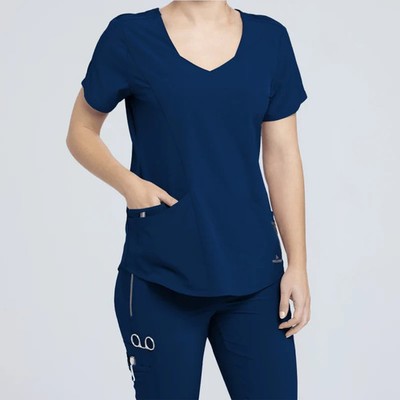 BARCO ONE WELLNESS WOMEN CURVED NECK SCRUB TOP IN NAVY BLUE ALL SIZES #BWT071