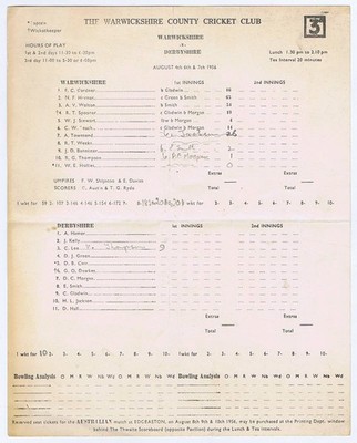 Cricket Warwickshire v Derbyshire Scorekarte 1956
