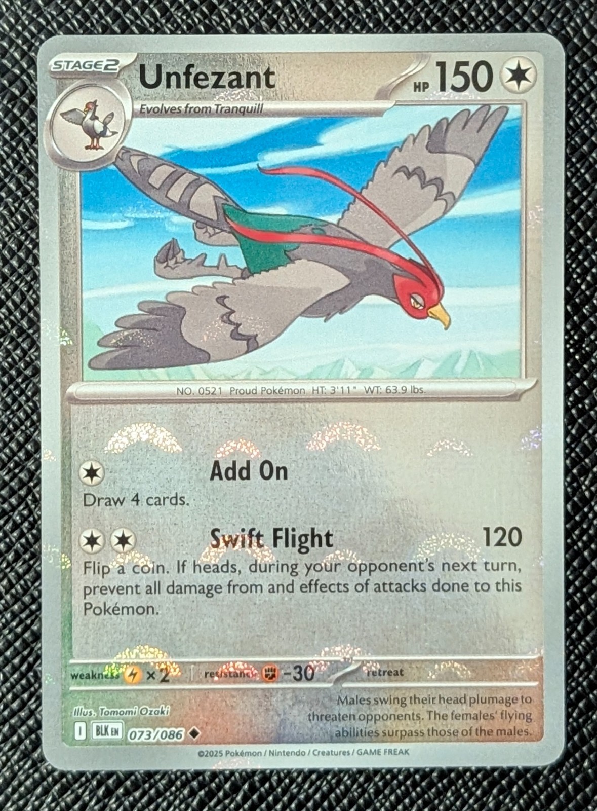 Pokémon Unfezant Black Bolt 073/086 Holo Poke Ball Pattern Uncommon - NM