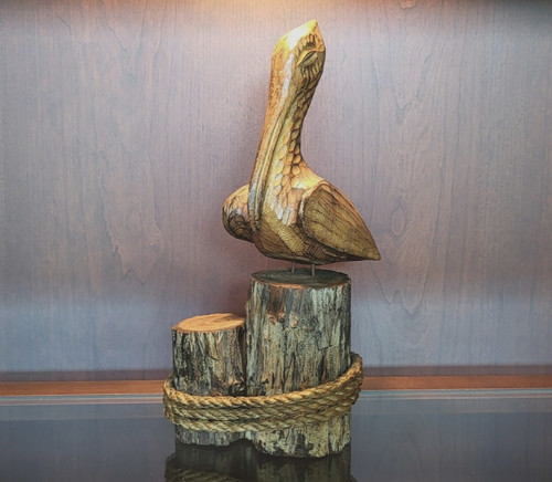 11.5” Pelican on Piling Hand Carved -- Bird Decor Sculpture Wood Log Dock Post