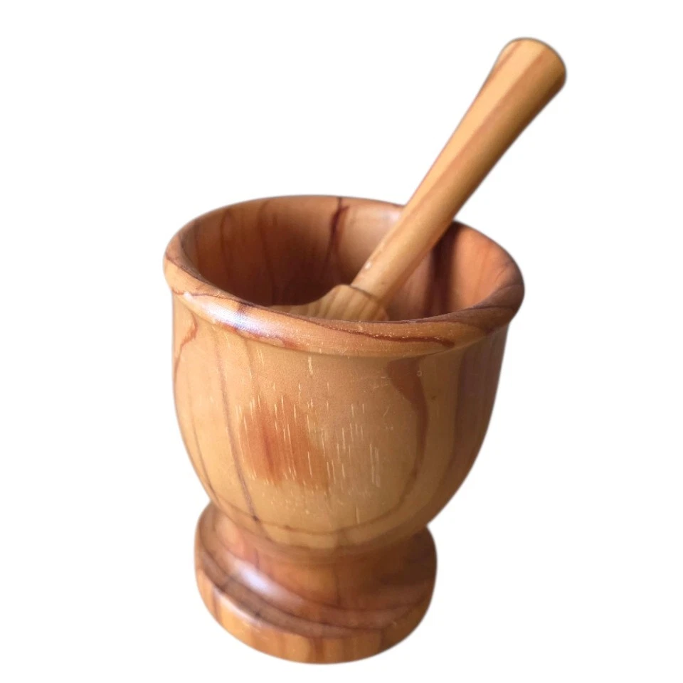 Wooden Mortar and Pestle Set Handmade Hand Turned Light Wood Vintage Pedestal